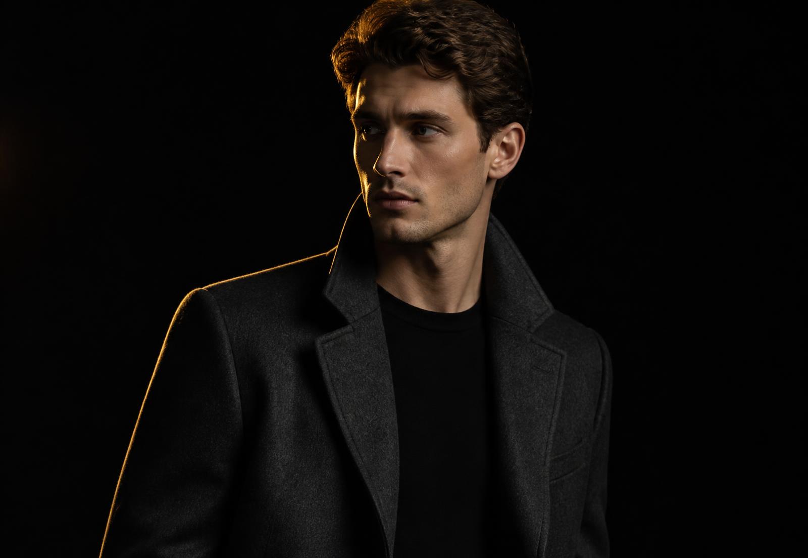 Man wearing a charcoal overcoat from the Fashion Hub collection